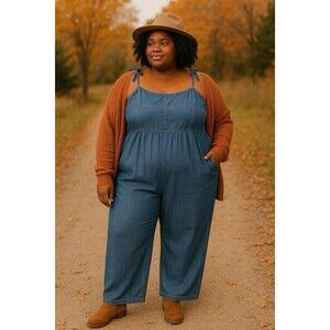 Old Navy‎ XXL Denim Chambray Jumpsuit Women’s Plus Tie Strap Smocked Wide Leg